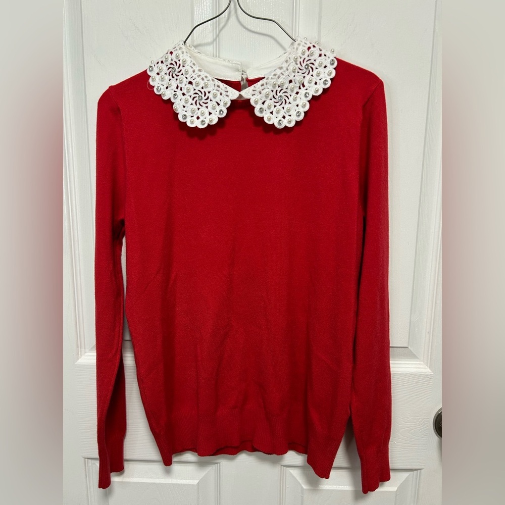 Siano Milano Elegant Red Lace Collar sweatshirt
